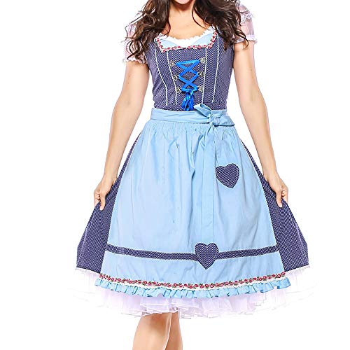 NUWFOR 4PC Women Bandage Apron Bavarian Oktoberfest Costumes Barmaid Dirndl Dress(Blue,L)