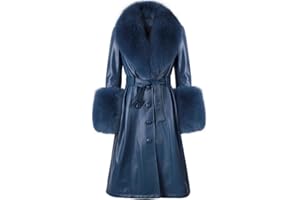 Denny&Dora Plus Size Coat Women Real Fox Fur Collar Long Genuine Leather Coat Trench