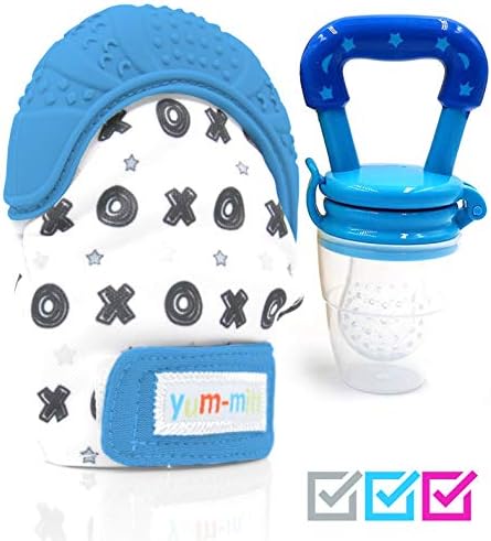 Teething Mitten for Babies with Fruit Feeder Pacifier - Baby Teething Toys for Self Soothing Gum Pain Relief. Infant Chew Glove Teether Mittens with Hygienic Travel Bag - Mitts for Boy or Girl (Blue)