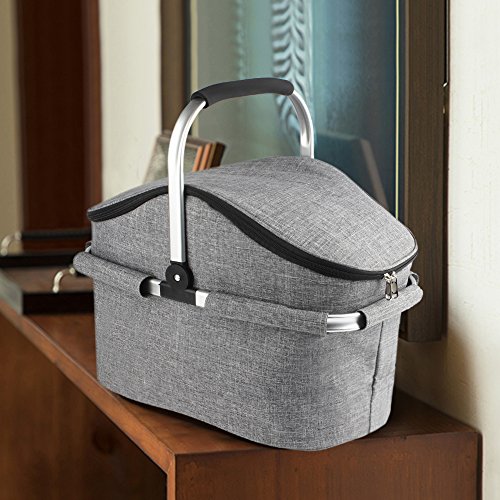 YONOVO 22L Folding Picnic Basket Large Insulated Bag Waterproof for Gathering Travel Camping BBQ (Grey-House Shape-1) - Thumbnail 7