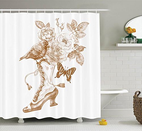 Victorian Decor Shower Curtain Set, Nostalgic Boots with Roses Butterfly and Bird British Trend Upper Class Shoe Art Work, Bathroom Accessories, Extralong, Brown White 72X72 in
