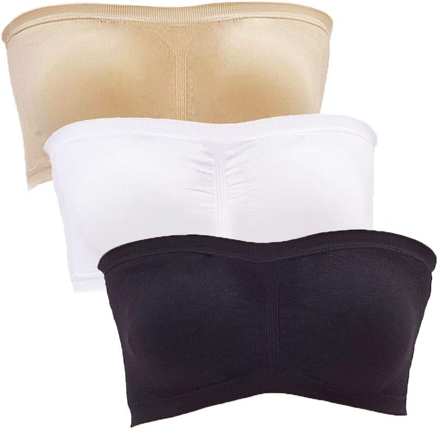 3 Pack Women's Seamless Bandeau Bra Comfortable Strapless Bra with Removable Padded Tube Top Bra Stretchy Breathable Bandeau Bra for Girl Ladies Evening Dress Everyday Bra (3 Colors, Assorted Sizes)