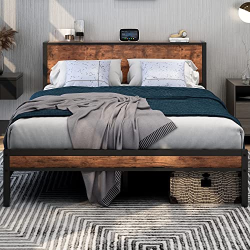 DUMEE Queen Bed Frame with Wood Storage Headboard, Metal Platform Bed Frame Queen Size Mattress Foundation No Box Spring Needed, Noise Free, Black & Rustic Brown