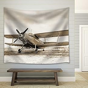 Old Airplane on Field in Sepia Tone - Fabric Wall Tapestry Home Decor - 51x60 inches