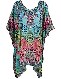 Womens Serena Caftan Short Dresses Rhinestone Flowy Resort Wear Swimsuit Coverup One Size