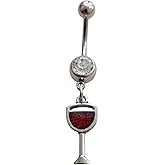 1pcs Red Wine Glass Charm Belly Ring, Vintage Style Belly Button Jewelry, Stainless Steel 14G Navel Barbell Ring with Dangle Pendant, Dainty Piercing Body Jewelry for Her
