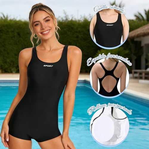 Traje de Baño para Mujer, Negro, Bañador Integrado, Trajes de Baño de Cuello Redondo, con Gorro de Natación, Gafas, Tapones para Oídos y Pinza para la Nariz, para Playa, Piscina, Surf, Natación