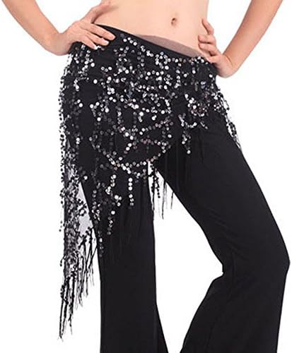 Belly Dance Scarf Women Dancing Triangle Tassel Fringe Waist Chain Belt Wrap (Black&Silver)