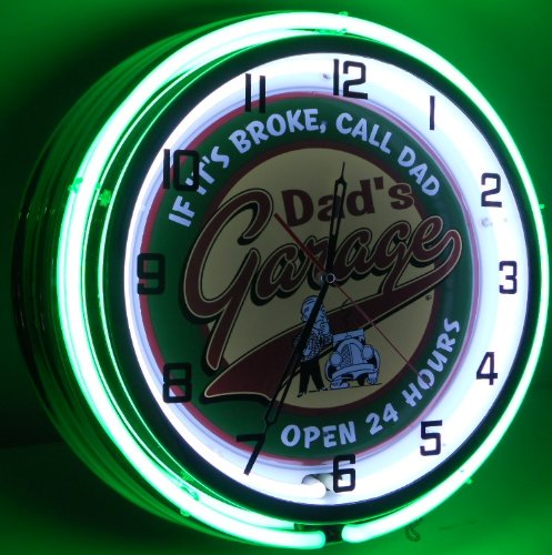 DAD'S GARAGE 18" DOUBLE NEON LIGHT WALL CLOCK MAN CAVE WORKSHOP TIN METAL SIGN GREEN - Thumbnail 4