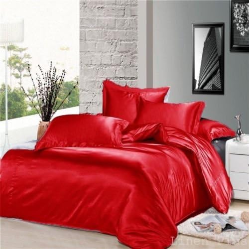 7 Piece Red Silky Satin Duvet Cover Sheet Zipper Closure Set Cal King Size
