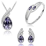 MAFMO Bridal Water Drop Jewelry Set Crystal Pendant Necklace Bracelet Stud Earrings (Purple)