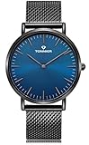 Tonnier Black Slim Stainless Steel Mesh Strap Mens Watch Ocean Depths Blue Watch Face