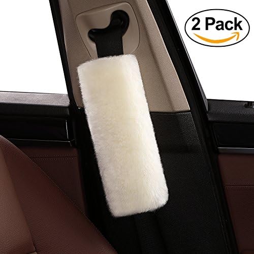 Sheepskin Safety Belt Cover 100% Natural Genuine,Car Belt Protector,Carsemoo Seat Belt Shoulder Strap Covers Harness Pads For Cars/Bags,Plush And Soft Protects Neck And Shoulder (White 2-Pack)