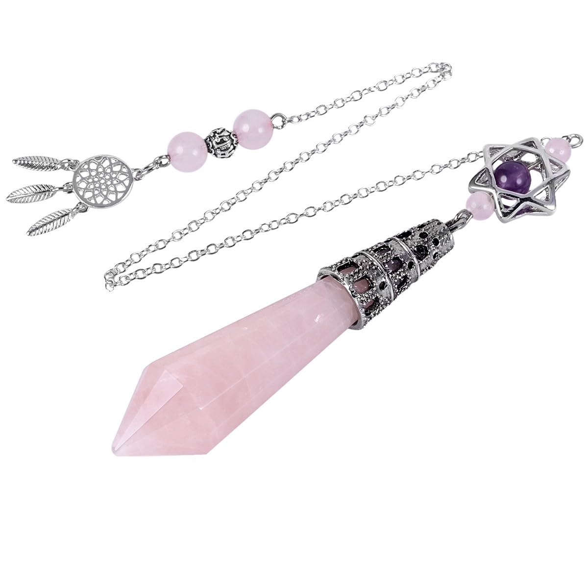 mookaitedecor Natural Rose Quartz Crystal Divination Dowsing Pendulum Faceted Pink Crystal Point Pendulum with Merkaba Star Dream Catcher Reiki Healing Crystal Witchcraft Wiccan Supplies Decor Gift