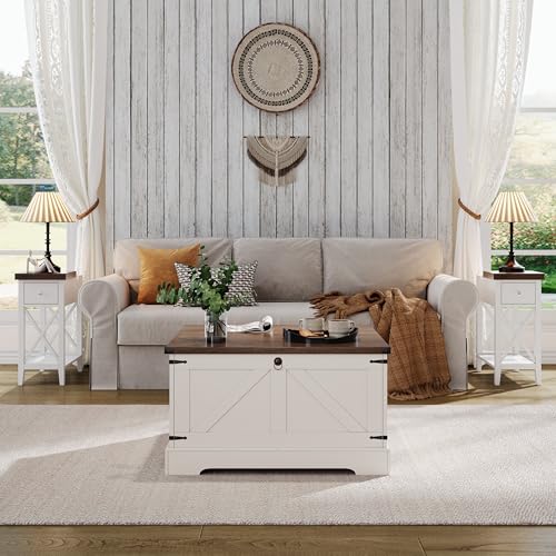 ChooChoo Farmhouse Coffee Table with Hidden Storage, Large Square Center Coffee Table with Lifting Top and Flip Drawer, Wood Rustic Cocktail Coffee Table for Living Room, Soft White