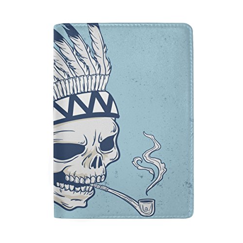 Blue Viper Indian Skull With Pipe Pattern Personalized Leather Passport Holder Cover Case Travel Wallet