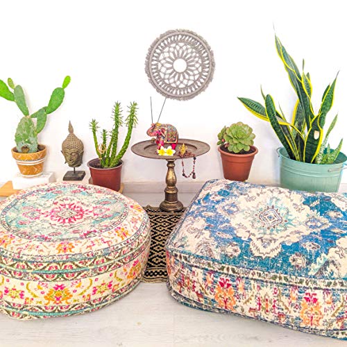 Mandala Life ART Bohemian Yoga Decor Pouf Ottoman - Stuffed - Round Meditation Pillow - Hand Printed Organic Cotton Floor Cushion - Thumbnail 3