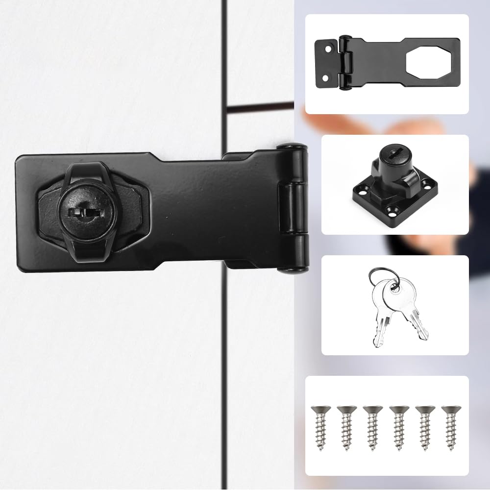 4 Inch Hasp and Staple with Padlock, ADERTOS Keyed Hasp Lock Heavy Duty Shed Lock Door Locks Hasps Twist Knob Keyed Locking Hasps Safety Door Clasp Gate Locks with Key for Cabinets Cupboard Gate