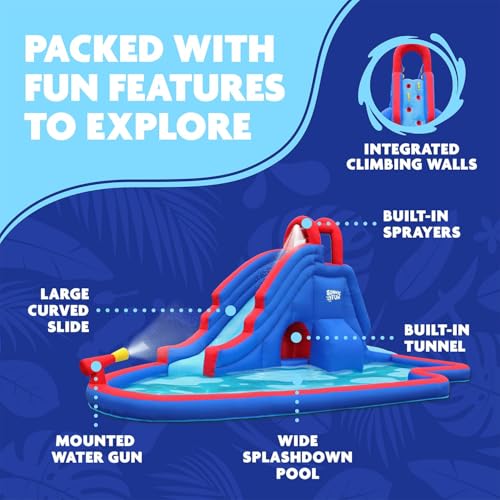 Sunny & Fun Deluxe Inflatable Water Slide Park & Splash Pool with Tunnel - Heavy-Duty for Outdoor Fun - Climbing Wall - Easy to Set Up & Inflate with Included Air Pump & Carrying Case