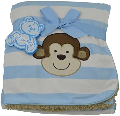 Little Mimos Baby Sherpa Blanket with Monkey Design (Blue)