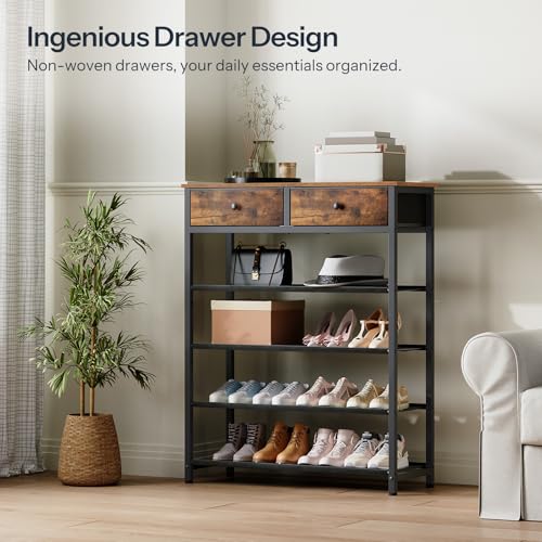 HOOBRO 5 Tier Shoe Racks for Entryway, Free Standing Shoe Shelf with 2 Non-Woven Drawers, Narrow Shoe Rack Shoe Organizer with 4 Oxford Shelves, 12-16 Pair of Shoe, Rustic Brown EBF78XJ01