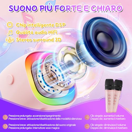 BNEHHOV Karaoke for Children, Mini Bluetooth Speaker with 2 Wireless Karaoke Microphones, Sing You Karaoke with LED Light and Voice Changing, Microphone Karaoke Games Girl Gift Games 3-12 Years