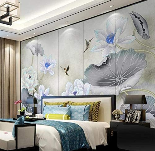 Sunkuxc 限定価格セール 花と鳥の青の美しい蓮のテレビの背景の壁の絵画カスタム大壁画緑の壁紙 250x175cm