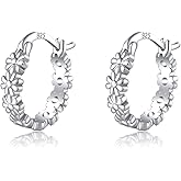 SLUYNZ Solid 925 Sterling Silver Daisy Flower Hoop Earrings for Women Teens Cluster Flower Hoop Earrings