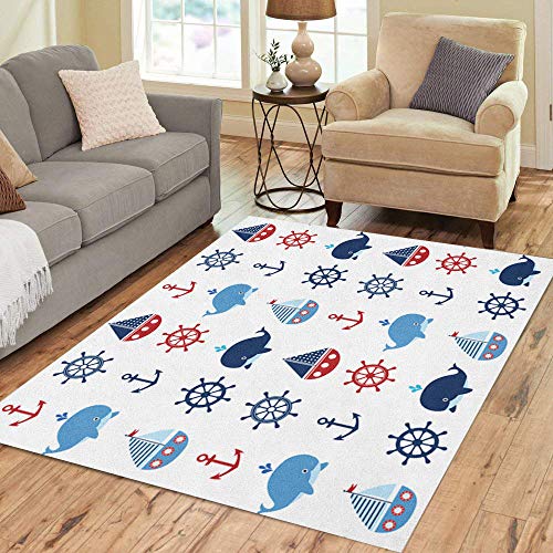 Semtomn Area Rug 3' X 5' Cute Nautical Pattern Boats and Whales in Red