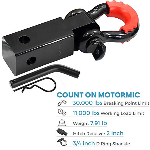 motormic Shackle Hitch Receiver 2" (35,000 lbs Max Capacity) with 3/4" D Ring and 7/8" Screw Pin Safety Ring - Includes 1 Black Bent Pin, 4 Rubber Washers and 1 Red Isolator