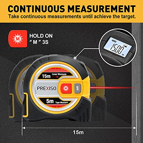 PREXISO [Metric Only] Laser Tape Measure, 2in1 Laser Measure 15m