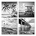 Biuteawal- 4 Piece Wall Art Back White Beach Picture Canvas Print Florida Coastline Lighthouse Lifeguard Tower Pier Poster Print Streched Framed Artwork Living Room Bedroom Bathroom Deco