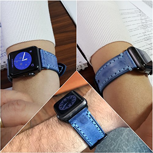 MAIKES Bridle Leather Watch Strap Replacement for Apple Watch 44mm 40mm 42mm 38mm Series 4 3 2 1 iWatch Watchbands Compatible with Apple Watch Band (42mm, Blue+Black Buckle)