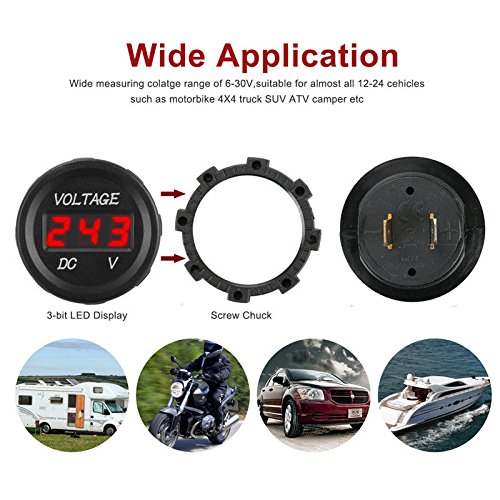 SQDeal 12V LED Digital Display DC Voltmeter Waterproof for Boat Marine Vehicle Motorcycle Truck ATV UTV Car Camper Caravan Digital Round Panel (Red) - Thumbnail 4