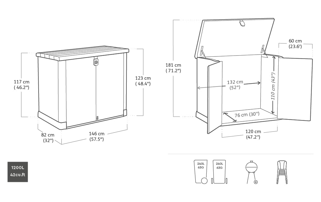 Keter Store it Out Pro Mülltonnenbox mit Gasdruckfeder, wetterfest, abschließbar, beige, 1.200 L, 145,5 x 82 x 123cm, passend für 2x240l Abfalltonnen 9