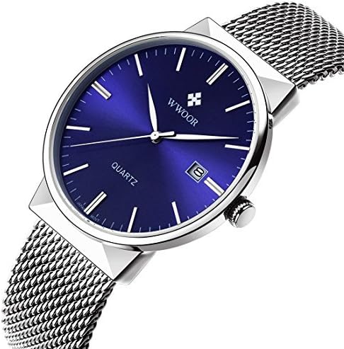 Military Watches for Men Quartz Blue Big Face Slim Mesh Stainless Steel Band Water Resistant Wrist Watch