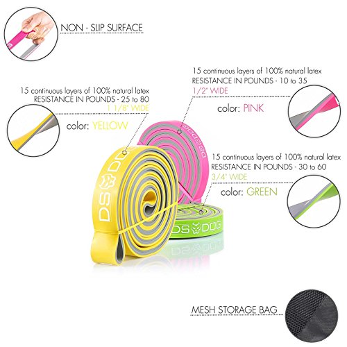 Set of 3 Dual Color Resistance Bands - with eGuide by DS DOG - Durable Workout Equipment - Compact, Effective and Versatile Latex Exercise Bands for Training at Home, Gym, Outside - Thumbnail 2