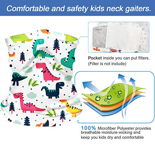 TIANSHI 2Pcs Neck Gaiter Kids Face Mask, Uv Protection Face Cover Bandanas Scarf, Face Bandana for Kids (Dinosaur #1)
