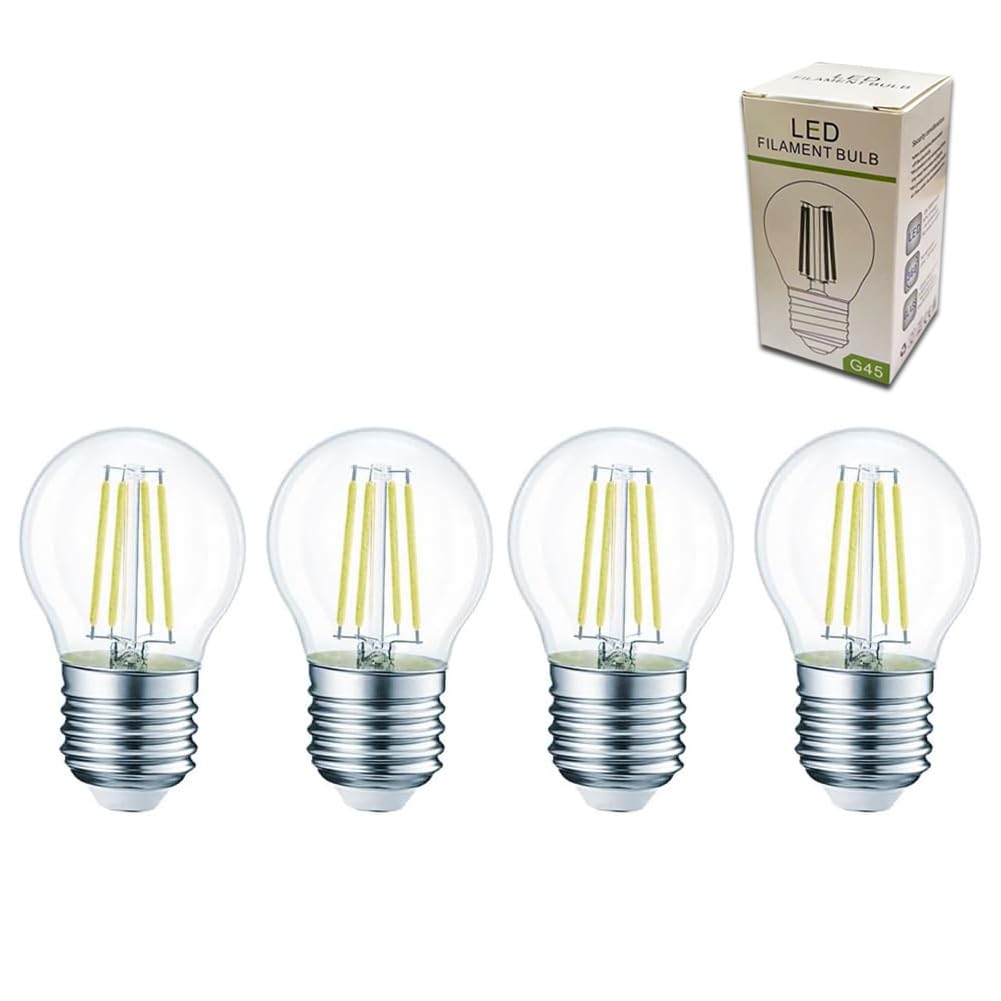 Xnordcaper G45 E27 Dimmable Golf Ball LED Light Bulbs, 4W Energy Saving G45 Mini Globe LED Filament Light Bulb Clear Glass 6000k Cool White E27 SES Edison Screw Bulbs, 40W Equivalent, Pack of 4