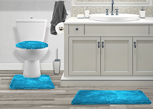 Mary 3 Piece Bathroom Rug Set, Luxury Soft Plush Shaggy Thick Fluffy Microfiber Bath Mat, Countour Rug, Toilet Seat Lid Cover, Non-Slip Rubber Back, Floor Mats Water Absorbent (Turquoise)