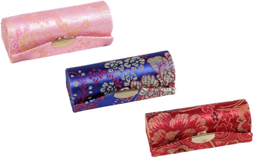 Healifty 3PCS Lipstick Case Classic Woven Satin Lipstick Holder Cosmetic Storage Organizer with Mirror for Women Girls