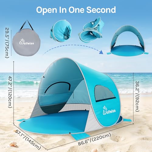 WolfWise Beach Tent Sun Shelter for 3 Person with UPF 50+ UV Protection, Lightweight & Easy Pop Up Beach Shade Canopy, Portable Beach Shade Tent