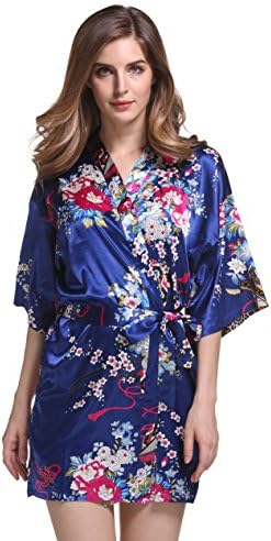 Silkgrace Women's Elegant Flower Printing Kimono Robe Satin Short Sleeve Sleepwear (L, Royal Blue)