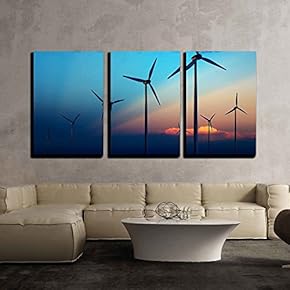 3 Piece Canvas Wall Art - Wind Turbine Farm with Rays of Light at Sunset - Modern Home Art Stretched and Framed Ready to Hang - 16"x24"x3 Panels