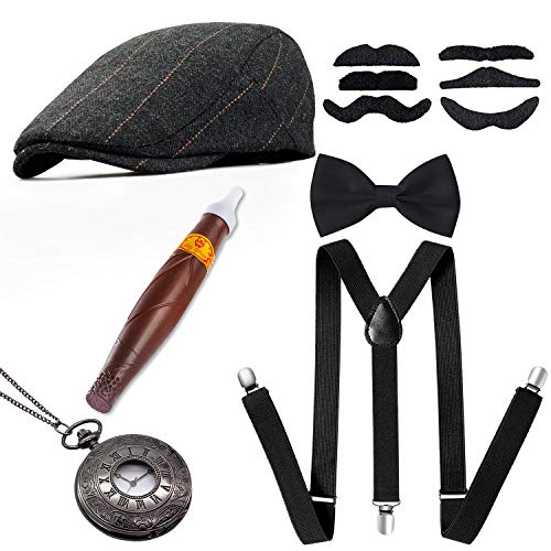 1920s Men Accessories Gatsby Gangster Costume Accessories Set Newsboy Flat Hat Y-Back SuspendersTied Bow Cigar Mustache Vintage Pocket Watch Grey - Thumbnail 5