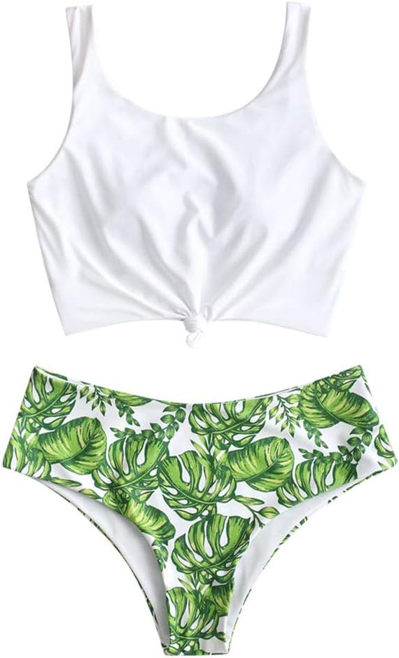 ZAFUL Women's Scoop Neck Tropical Leaf Knotted Two Pieces Tankini Set Swimsuit