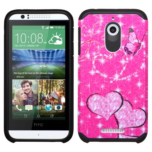 Asmyna Asmyna Advanced Armor Protector Cover for HTC Desire 510 - Retail Packaging - Glittering Butterfly/Heart/Hot Pink/Black