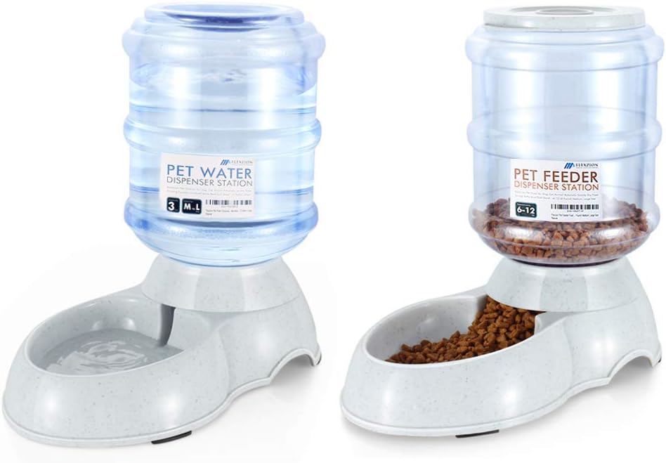 Flexzion Automatic Pet Food Feeder & Waterer Dispenser Set, Auto Gravity Replenish Water Eating Bowl Storage Container Fountain, Self Feeding Station Dog Cat Animal Supplies w/Plastic Jug Rubber Feet