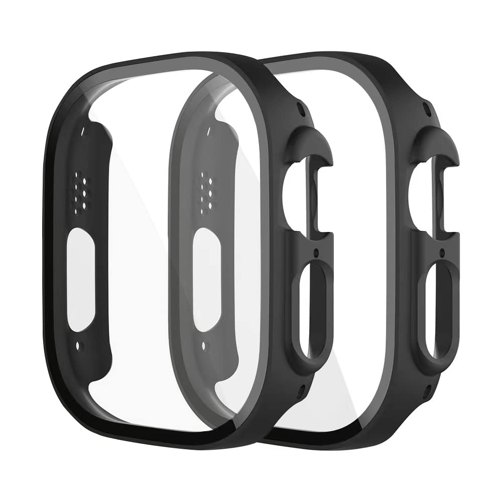 2 Pack Compatible with Apple Watch Ultra 49mm Case with Built-in Tempered Glass Screen Protector, Full Coverage Hard PC Ultra-Thin Protective Cover for iWatch (Black)