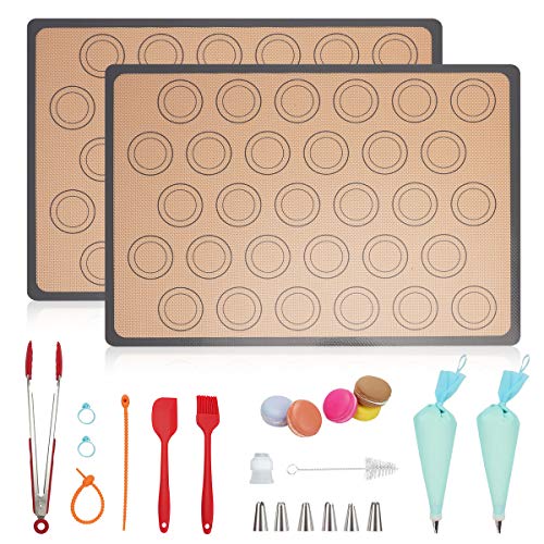NASNAIOLL Silicone Macaron Mat Kit,Baking Mat Sheet2Half Sheet mats 11.6"x16.5"+1Pastry Brush+